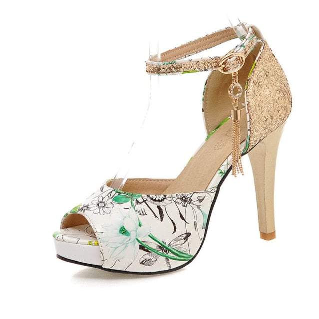 Women Summer Flower Print Shoes Fish Mouth High Heel Lady's Wedding sandals