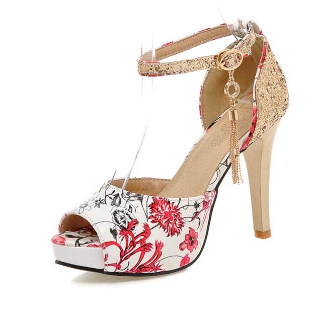 Women Summer Flower Print Shoes Fish Mouth High Heel Lady's Wedding sandals - Acapparelstore