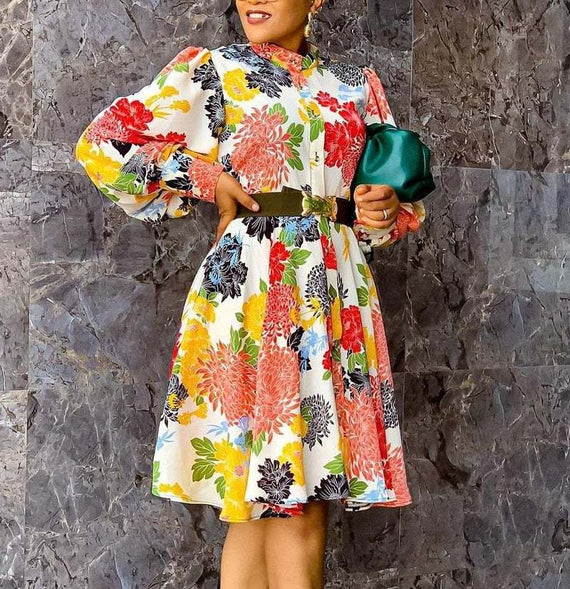 Women's Floral Vintage Dress Long Lantern Sleeves A-Line Dresses