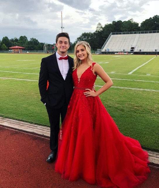 Beautiful Prom Wedding Dresses Long A-line V neck Applique Prom Dress