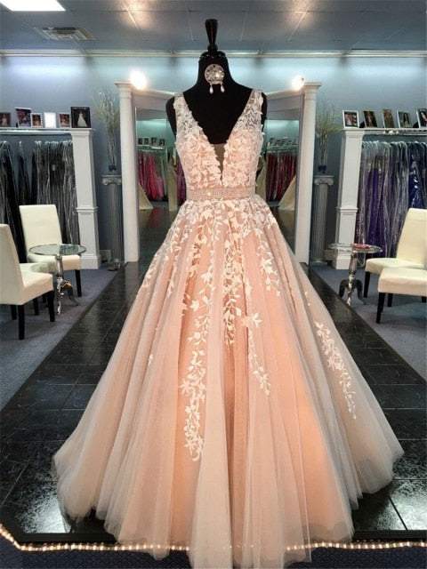 Beautiful Prom Wedding Dresses Long A-line V neck Applique Prom Dress - Acapparelstore