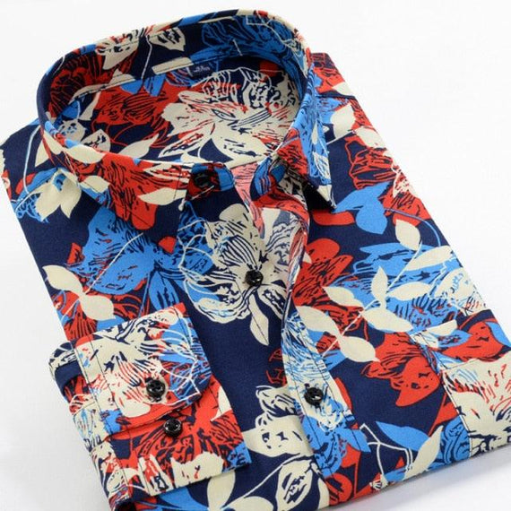 Large Size Flower Print Men's Shirts Fashion Casual Long Sleeve Shirts