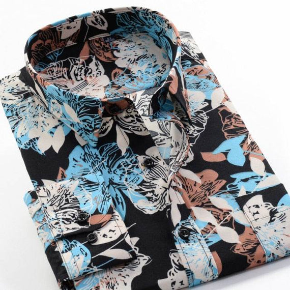 Large Size Flower Print Men's Shirts Fashion Casual Long Sleeve Shirts