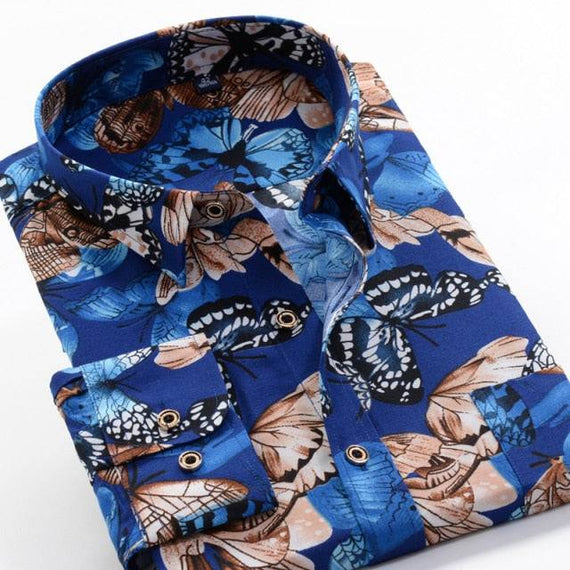 Large Size Flower Print Men's Shirts Fashion Casual Long Sleeve Shirts