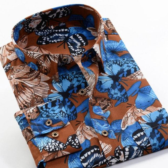Large Size Flower Print Men's Shirts Fashion Casual Long Sleeve Shirts
