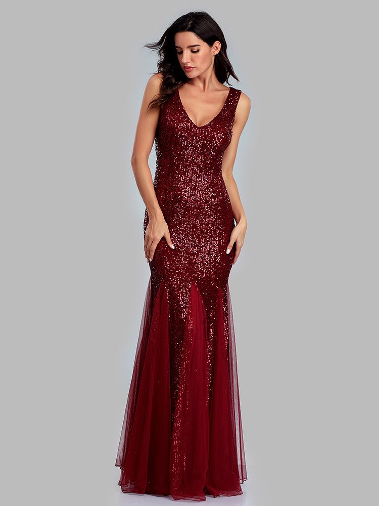 Neck Mermaid Burgundy Dress Formal Prom Party GownFemale Plus Size V Neck Mermaid Burgundy Dress Formal Prom Party Gown