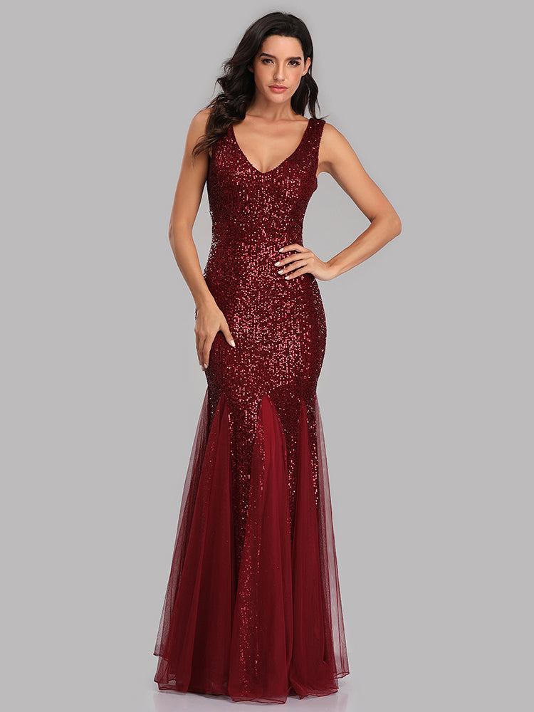 Neck Mermaid Burgundy Dress Formal Prom Party GownFemale Plus Size V Neck Mermaid Burgundy Dress Formal Prom Party Gown