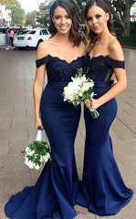 Navy Blue Bridesmaid Dress Off Shoulder Chiffon Satin Applique Beads Dresses