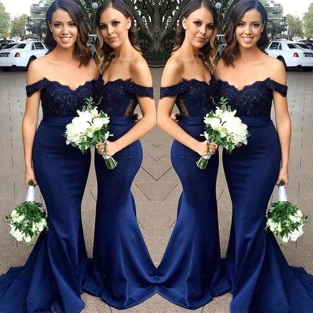 Navy Blue Bridesmaid Dress Off Shoulder Chiffon Satin Applique Beads Dresses - Acapparelstore