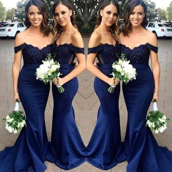 Navy Blue Bridesmaid Dress Off Shoulder Chiffon Satin Applique Beads Dresses
