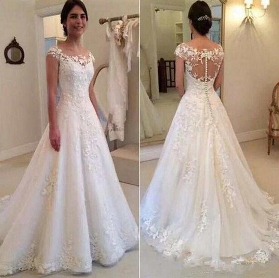 White Vintage Lace Appliques Wedding Dresses Sheer Back Cap Sleeves
