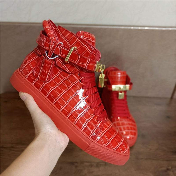 Men's Winter Fur Boots Alligator Pattern Lock Lace Flats Glossy Leather shoes