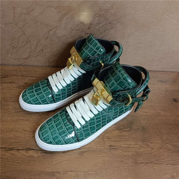Men's Winter Fur Boots Alligator Pattern Lock Lace Flats Glossy Leather shoes