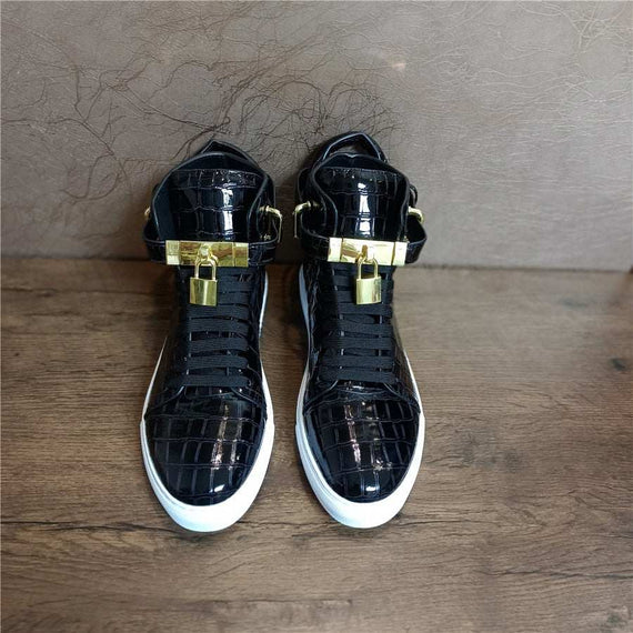 Men's Winter Fur Boots Alligator Pattern Lock Lace Flats Glossy Leather shoes