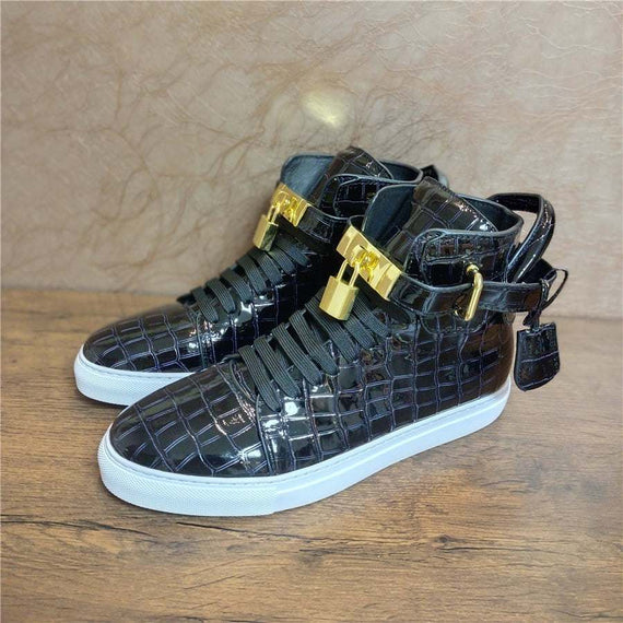 Men's Winter Fur Boots Alligator Pattern Lock Lace Flats Glossy Leather shoes