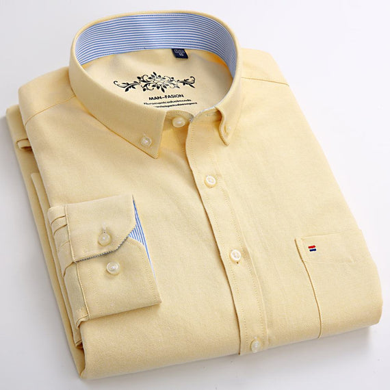Men's Regular-Fit Long-Sleeve Shirt Sturdy Knit Oxford Plaid Striped Shirt