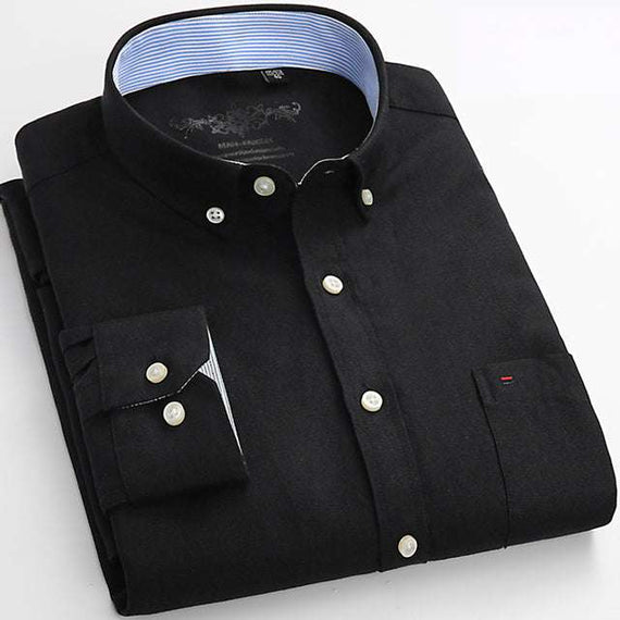 Men's Regular-Fit Long-Sleeve Shirt Sturdy Knit Oxford Plaid Striped Shirt