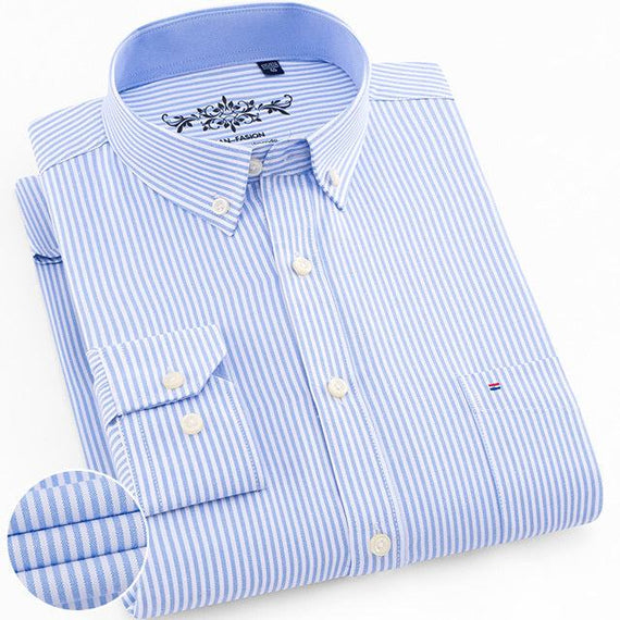 Men's Regular-Fit Long-Sleeve Shirt Sturdy Knit Oxford Plaid Striped Shirt