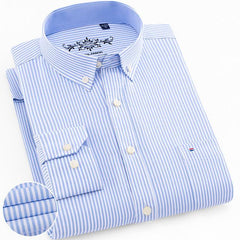 Men's Regular-Fit Long-Sleeve Shirt Sturdy Knit Oxford Plaid Striped Shirt