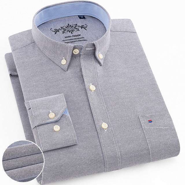 Men's Regular-Fit Long-Sleeve Shirt Sturdy Knit Oxford Plaid Striped Shirt - Acapparelstore