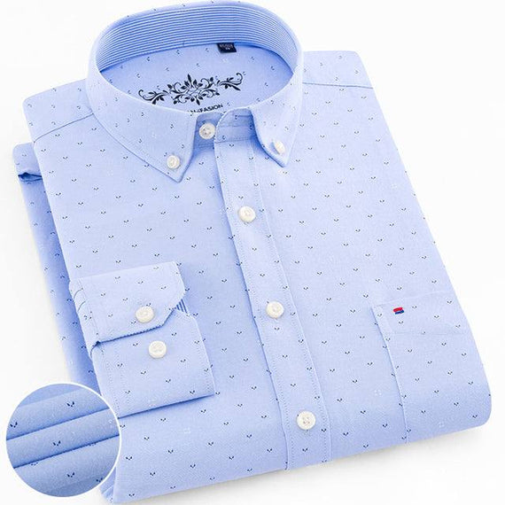 Men's Regular-Fit Long-Sleeve Shirt Sturdy Knit Oxford Plaid Striped Shirt