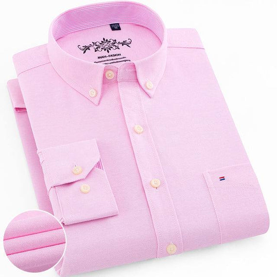Men's Regular-Fit Long-Sleeve Shirt Sturdy Knit Oxford Plaid Striped Shirt