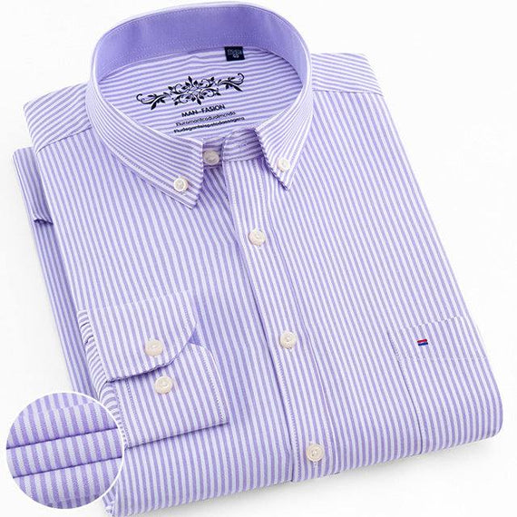 Men's Regular-Fit Long-Sleeve Shirt Sturdy Knit Oxford Plaid Striped Shirt