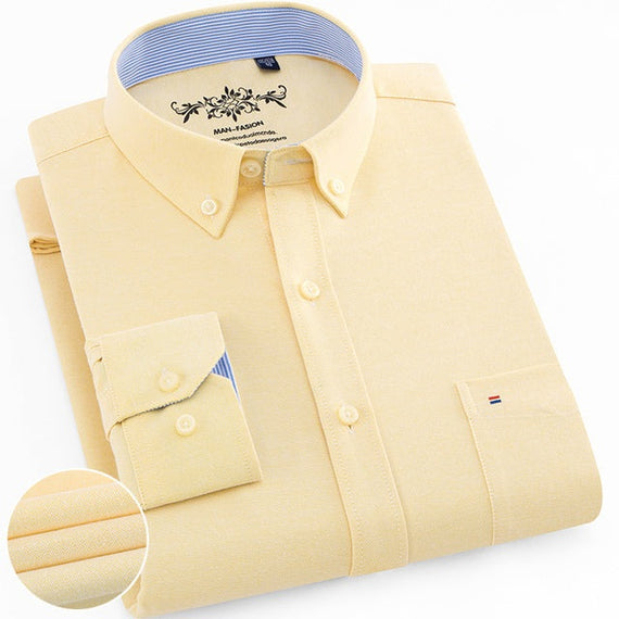 Men's Regular-Fit Long-Sleeve Shirt Sturdy Knit Oxford Plaid Striped Shirt