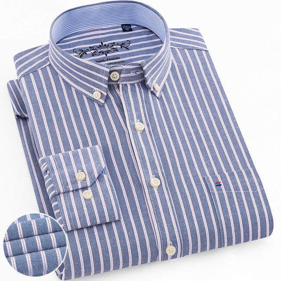 Men's Regular-Fit Long-Sleeve Shirt Sturdy Knit Oxford Plaid Striped Shirt