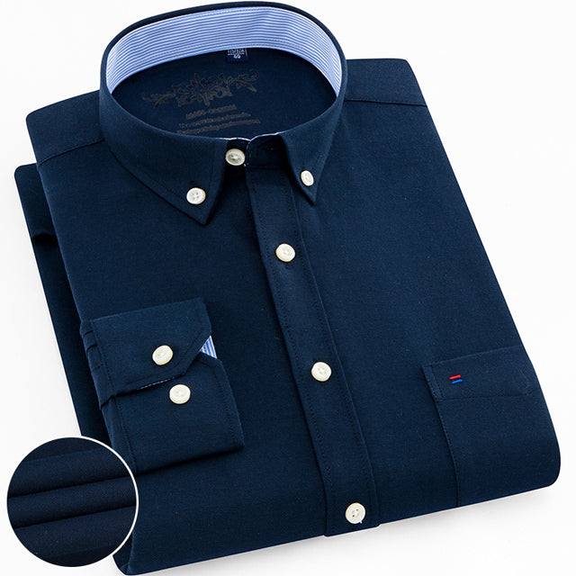 Men's Regular-Fit Long-Sleeve Shirt Sturdy Knit Oxford Plaid Striped Shirt - Acapparelstore