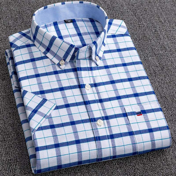 Men's Short Sleeve Shirts Oxford Plaid Striped Casual Dress Shirts