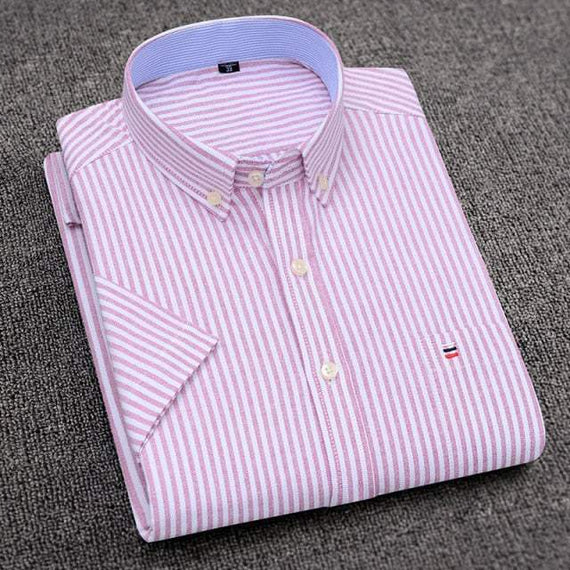 Men's Short Sleeve Shirts Oxford Plaid Striped Casual Dress Shirts