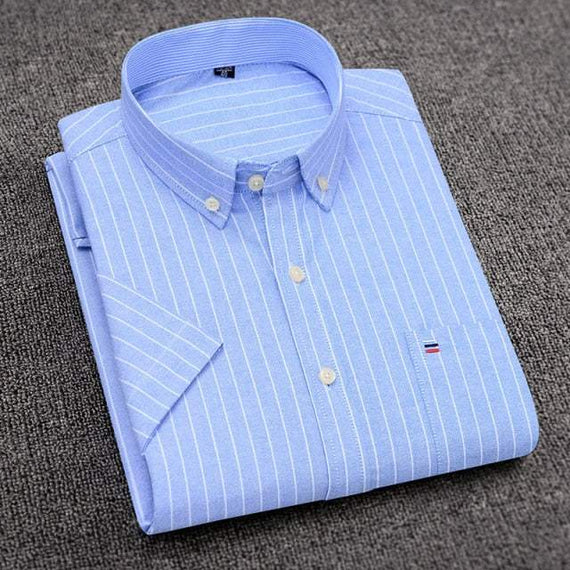 Men's Short Sleeve Shirts Oxford Plaid Striped Casual Dress Shirts
