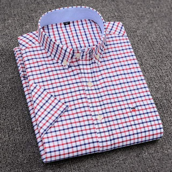 Men's Short Sleeve Shirts Oxford Plaid Striped Casual Dress Shirts