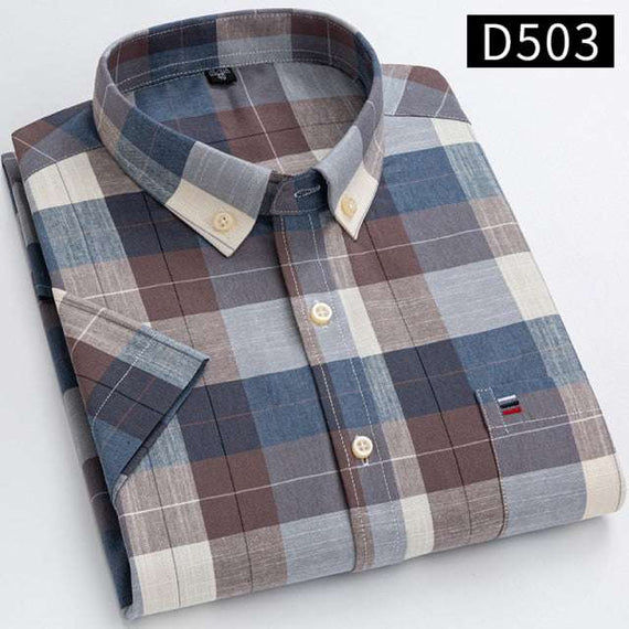 Men's Short Sleeve Shirts Oxford Plaid Striped Casual Dress Shirts