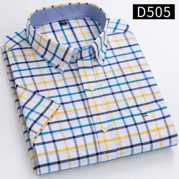 Men's Short Sleeve Shirts Oxford Plaid Striped Casual Dress Shirts