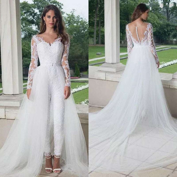 Elegant Long Sleeve Jumpsuit Wedding Dresses With Detachable Train