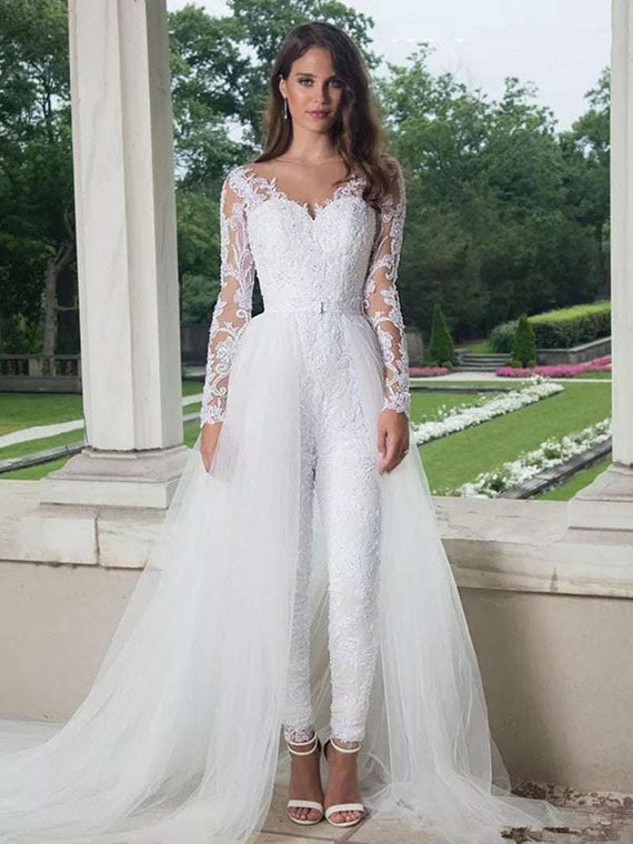 Elegant Long Sleeve Jumpsuit Wedding Dresses With Detachable Train