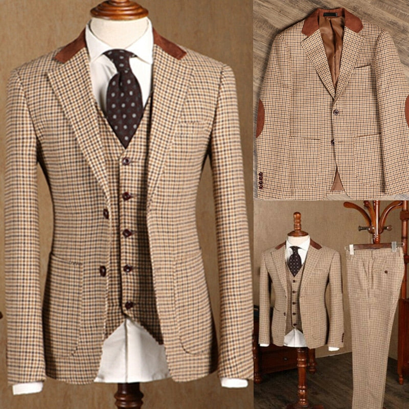 Men's Brown Classic Plaid Tweed Suit Slim fit Wedding Tuxedo 3 Piece