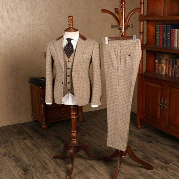 Men's Brown Classic Plaid Tweed Suit Slim fit Wedding Tuxedo 3 Piece