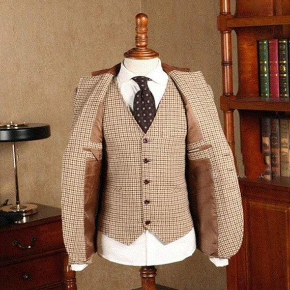Men's Brown Classic Plaid Tweed Suit Slim fit Wedding Tuxedo 3 Piece