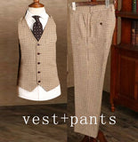 Men's Brown Classic Plaid Tweed Suit Slim fit Wedding Tuxedo 3 Piece