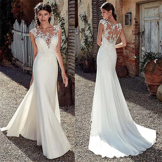 Scoop Short Sleeves Lace Appliques Mermaid Wedding Dresses