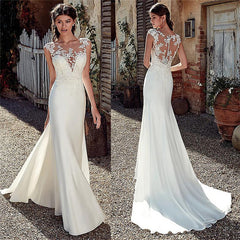 Scoop Short Sleeves Lace Appliques Mermaid Wedding Dresses - Acapparelstore