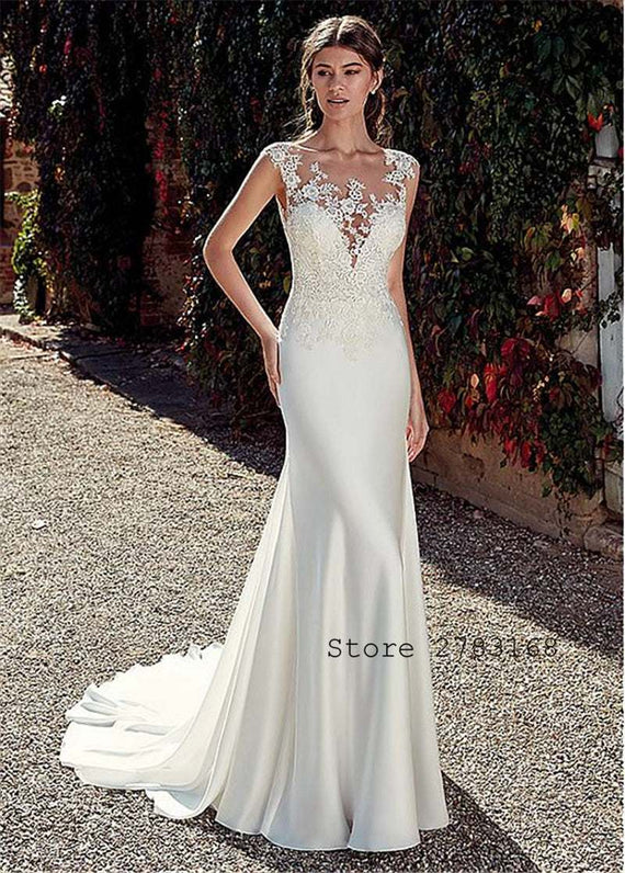 Scoop Short Sleeves Lace Appliques Mermaid Wedding Dresses