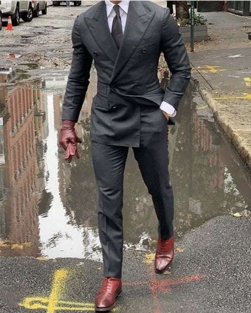 Men's Double Breasted Grey Wedding Suit Prom Tuxedo Blazer Latest Design 2 Pcs