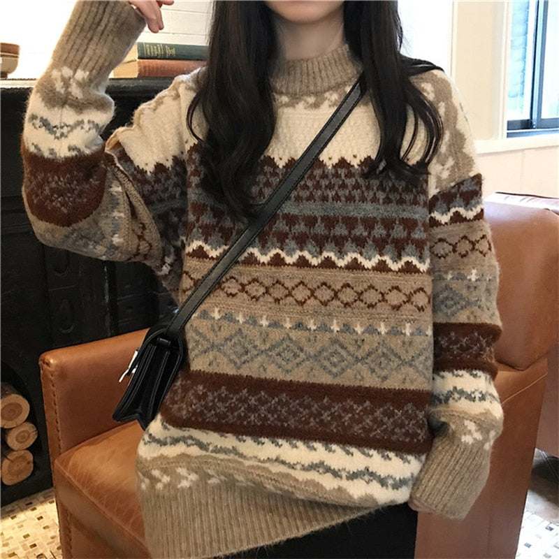 Women's Warm Winter Sweater Knit Jumpers Loose Striped Sweater