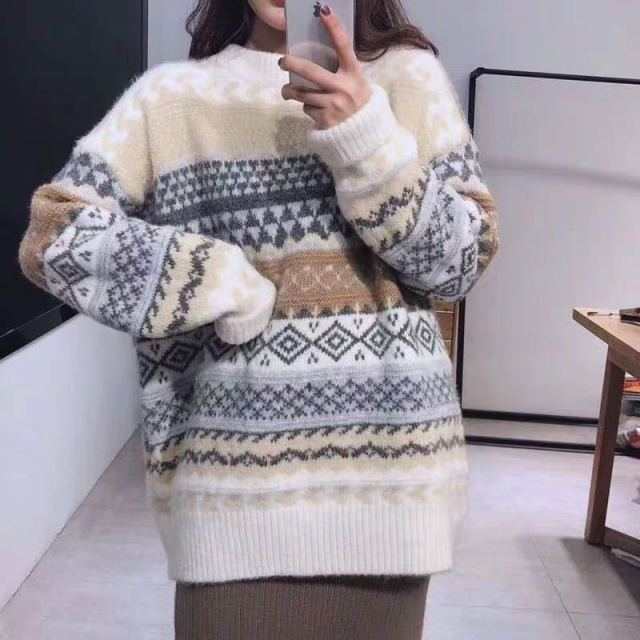 Women's Warm Winter Sweater Knit Jumpers Loose Striped Sweater