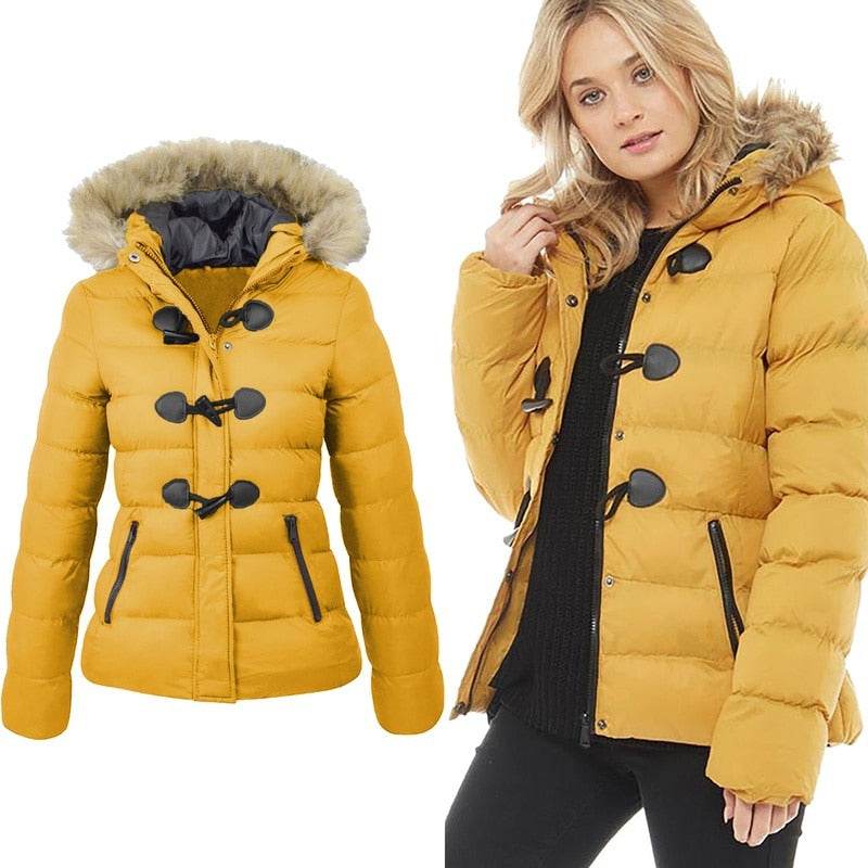 Women's Parkas Winter Jacket Warm Casual Fur Collar Horn Buckle Jackets - Acapparelstore