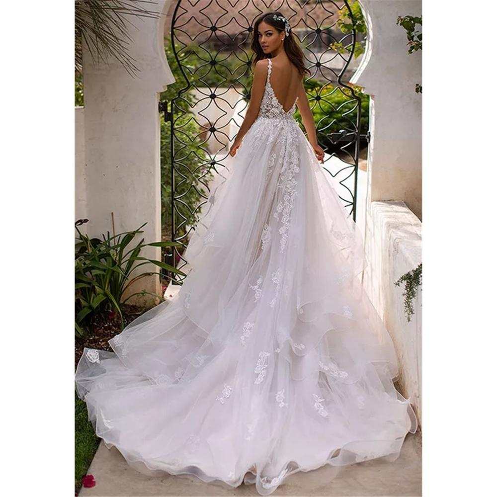 Boho A-Line Backless Wedding Dress 3D Flowers Spaghetti Straps Dress